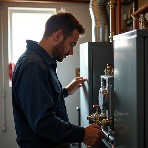 Bir teknisyen, bir ısı değiştiricisini değiştiriyor.