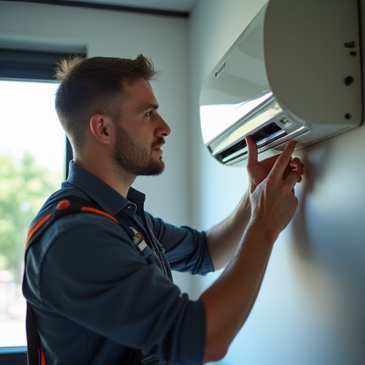 Bir teknisyen, bir ticari alanda bir klima sisteminin kurulumunu kontrol ediyor.