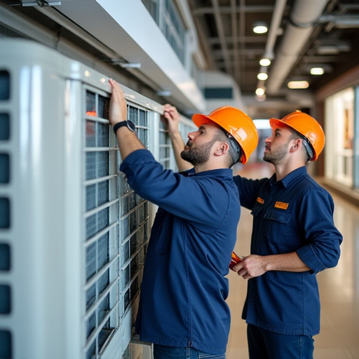 Klima ünitelerinin bakımını yapan teknisyenler.
