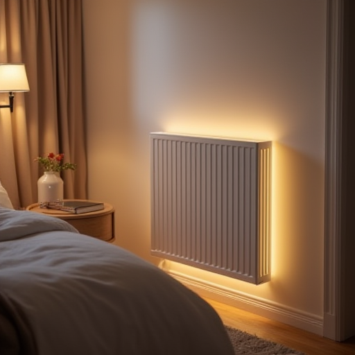 Modern bir yatak odasında elektrikli radyatör.