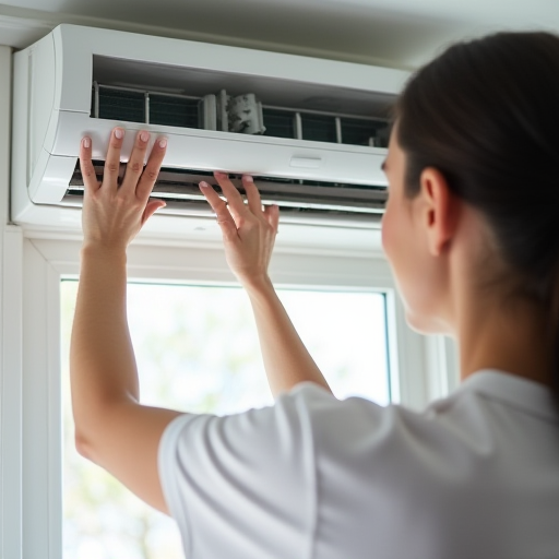 Bir kişinin klima filtresini temizlediği.