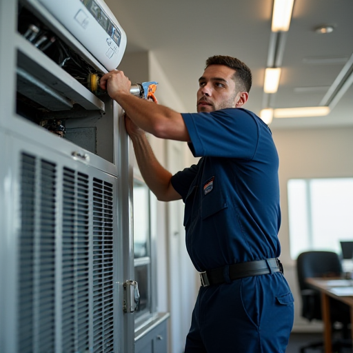 Bir teknisyen, Carrier marka bir klima sisteminin bakımını yapıyor.