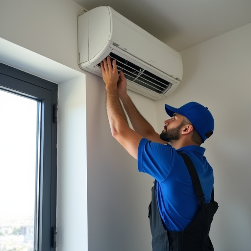 Ümraniye'de bir teknisyen, bir klima ünitesinin bakımını yapıyor.