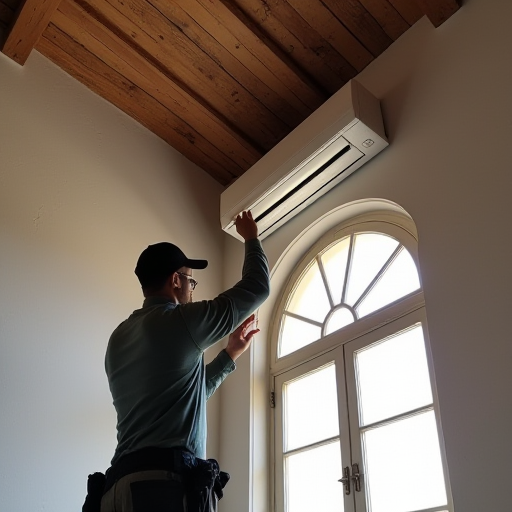 Bir bakım teknisyeni, tarihi bir binadaki klima ünitesini kontrol ediyor.