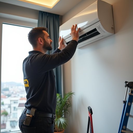 İstanbul'da bir teknisyen, bir klima ünitesinin bakımını yapıyor.