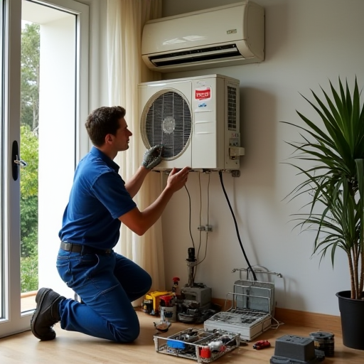 Teknisyen, klima ünitesinin bakımını yapıyor.