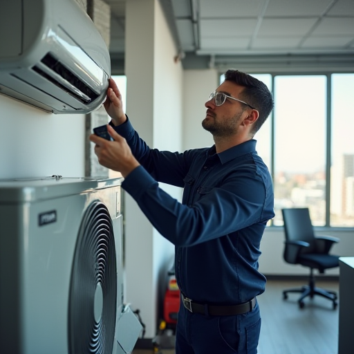 HVAC teknisyeni, bir klima ünitesinin bakımını yapıyor.