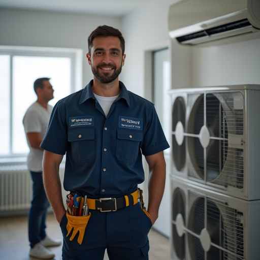 Bulat İklimlendirme teknisyeni, memnun bir müşterisiyle.