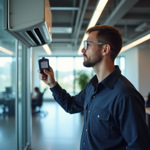 Bir teknisyen, bir ticari ofiste bulunan bir klima ünitesinin sıcaklığını kontrol ediyor.
