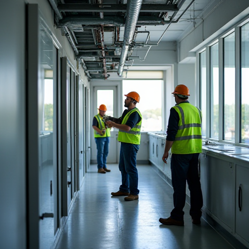 Bir ticari binadaki bir klima sisteminde çalışan teknisyenler.