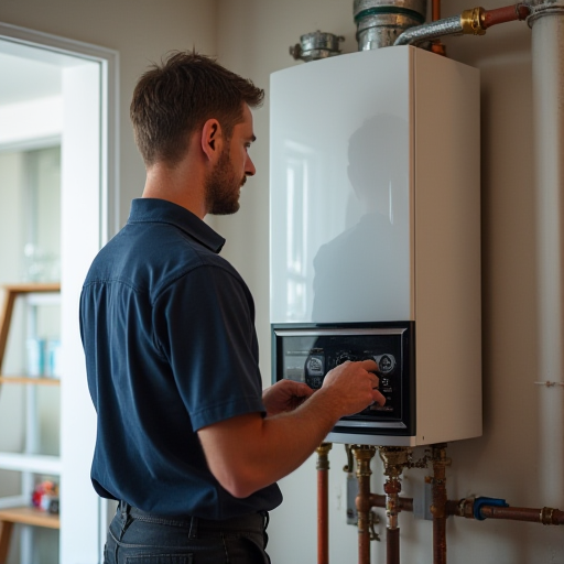 Bir teknisyen, bir kazanı tamir ediyor.