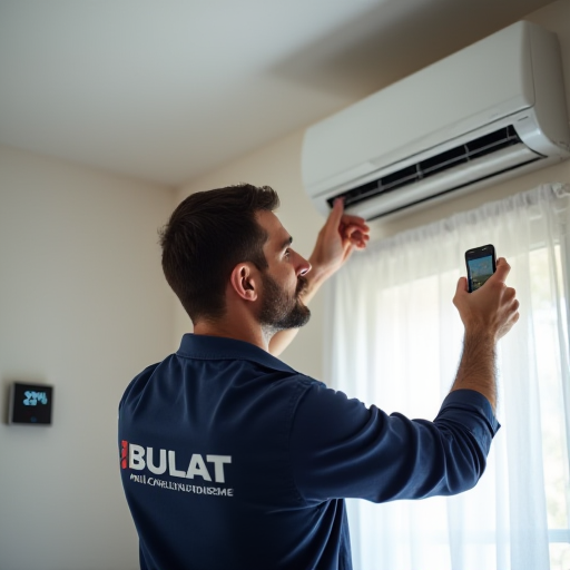 Bir teknisyen, bir klima ünitesinin bakımını yapıyor.