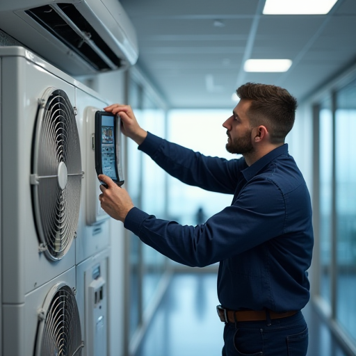 Bulat İklimlendirme'den bir teknisyen, merkezi bir klima sisteminin bakımını yapıyor.