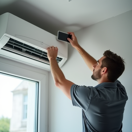 Bir teknisyen, inverter klima cihazını kuruyor.