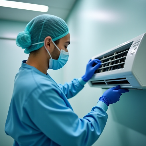 Sağlık çalışanı, klima ünitesinin bakımını yapıyor.