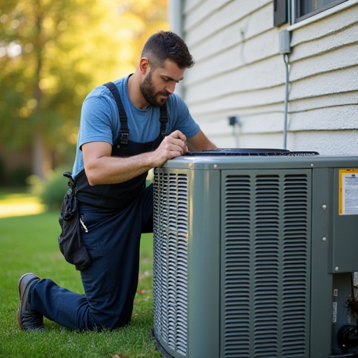 HVAC teknisyeni, klima dış ünitesinin bakımını yapıyor.