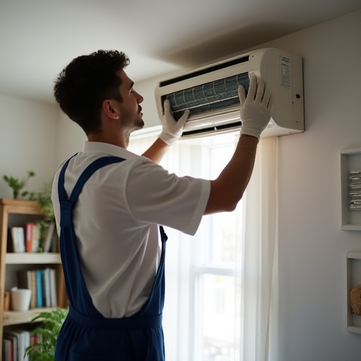 Teknisyen, klima cihazını test ediyor.