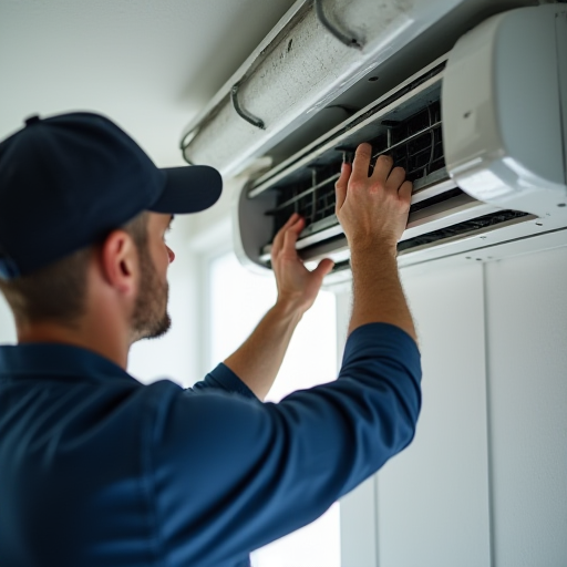 Profesyonel bir HVAC teknisyeni, klima borularını ayarlıyor.