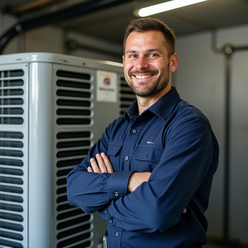 Bir profesyonel HVAC teknisyeni, bir klima ünitesinin yanında.