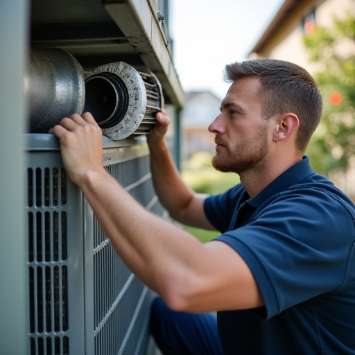 Bir teknik personelin, bir ev ortamında klima ünitesi üzerinde çalıştığı.