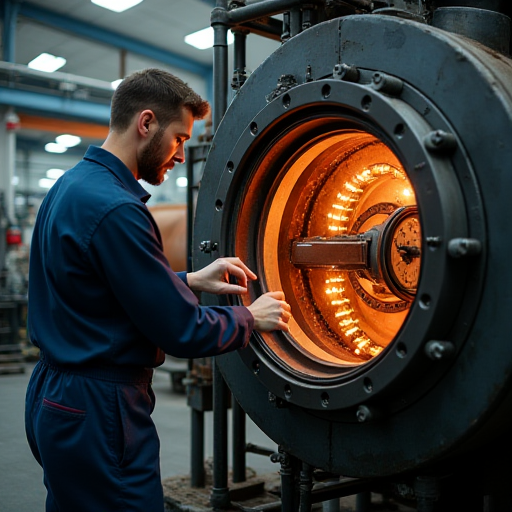 Bir teknisyenin kazanı kontrol etmesi.