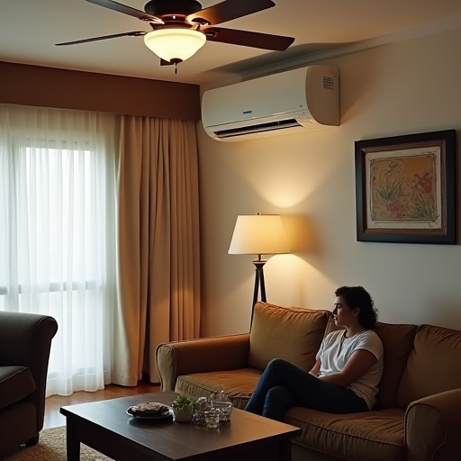 Tavan vantilatörünün ve klima çalışır durumda olduğu, bir kişinin rahat bir şekilde bir koltukta oturduğu bir oda.