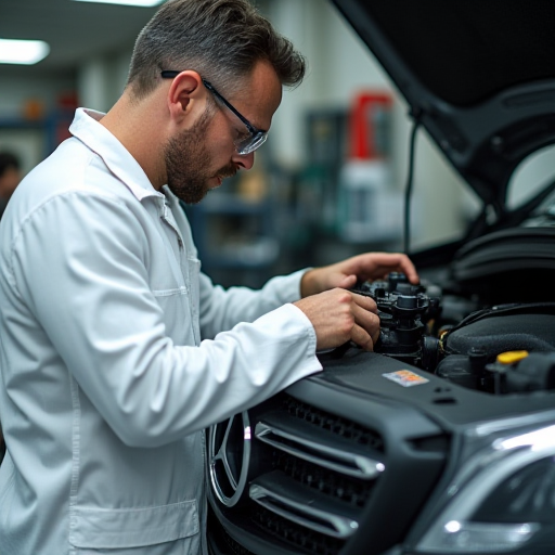 Bir tamirci, bir otomobilin klima sisteminde çalışıyor.