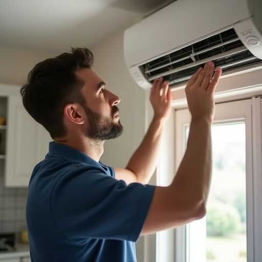 Profesyonel bir teknisyen, bir klima ünitesini kontrol ediyor.