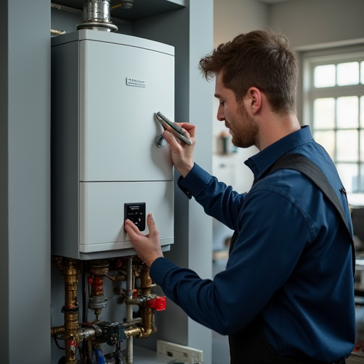 Profesyonel bir HVAC teknisyeni, modern bir kombiye üzerinde bakım yapıyor.