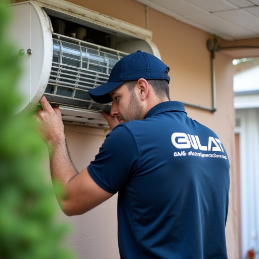 Bulat İklimlendirme'nin bir teknisyeni, bir klima ünitesi üzerinde çalışıyor.