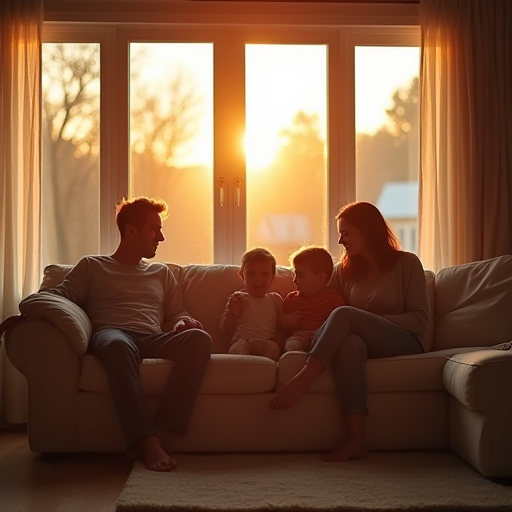 Rahat bir şekilde ısıtılmış bir oturma odasında oturan bir aile.