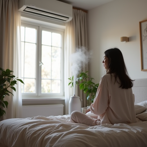Yatak odasında nemlendirici kullanan bir kişi.