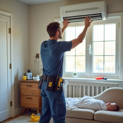 Profesyonel bir teknisyen, bir klima cihazının bakımını yapıyor.