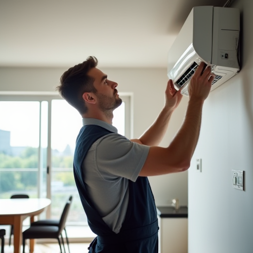 Modern bir mutfakta klima ünitesi montajı yapan bir teknisyen.