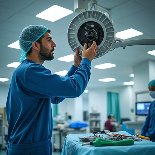 Bir teknisyen, ameliyathane havalandırma sisteminin bakımını yapıyor.