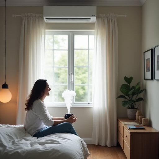 Bir kişinin, konforlu bir nem seviyesi sağlamak için bir nemlendirici kullanması.