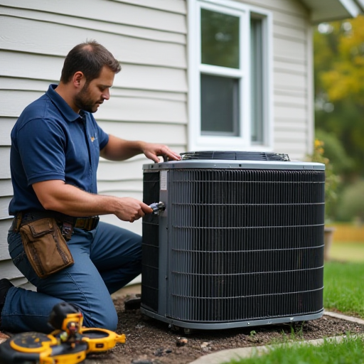 Bir klima ünitesi üzerinde çalışan, yetkin bir teknisyen.