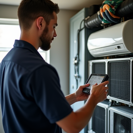 Bir HVAC (ısıtma, havalandırma ve klima) teknisyeni, bir klima ünitesini kontrol ediyor.