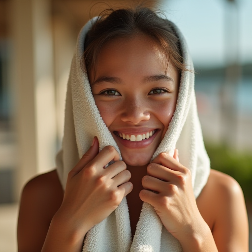 Güneşli bir ortamda, serinletici bir havlu kullanan bir kişi.