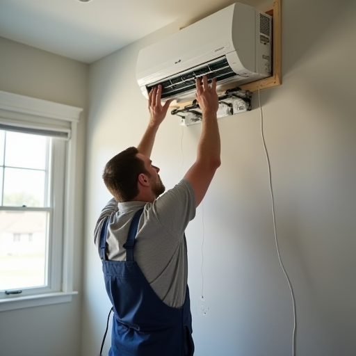 HVAC teknisyeni, kanalsız mini split klima sistemi kurulumu yapıyor.