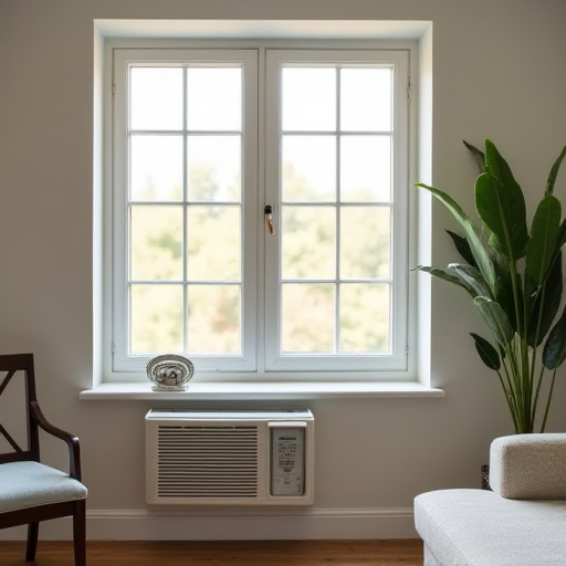 Kapalı bir pencereye ve bir pencere tipi klima ünitesine sahip bir oturma odası.