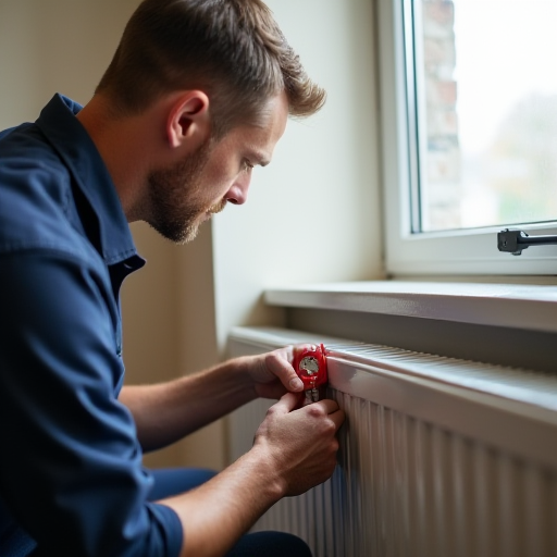 HVAC teknisyeni, radyatörlerden suyu boşaltıyor.