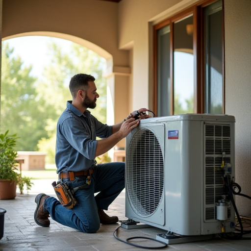 Profesyonel bir teknisyen, bir klima ünitesi takıyor.