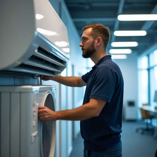 Bir teknisyen, inverter klima cihazı üzerinde çalışıyor.