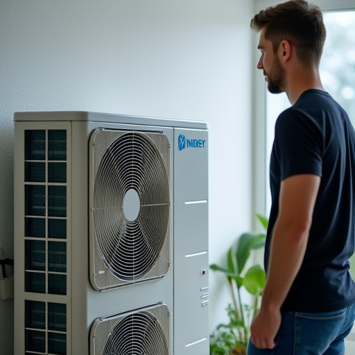 Modern bir klima cihazının önünde duran bir kişi.