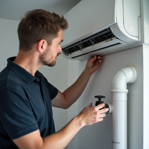 Teknisyen, klima drenaj sistemini kontrol ediyor.