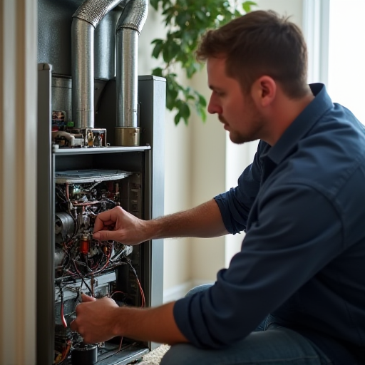 HVAC teknisyeni, fırın bakımını gerçekleştiriyor.