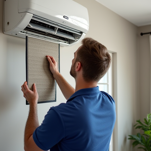 Profesyonel bir teknisyenin klima filtresini değiştirmesi.