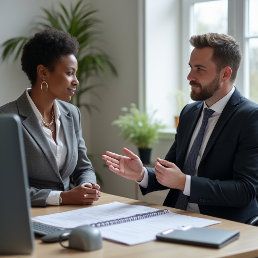 Ofiste bir profesyonelle görüşen bir kişi.