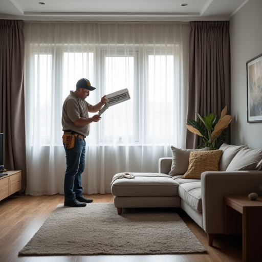 Bulat İklimlendirme'den profesyonel bir HVAC teknisyeni, bir klima filtresini temizliyor.